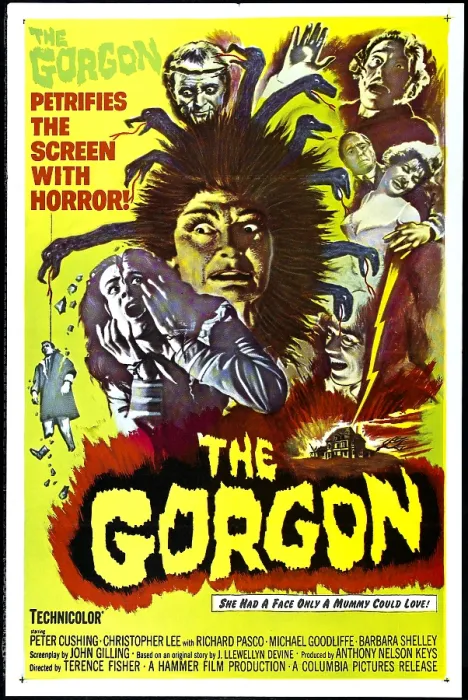 Framed Print : THE GORGON, Prudence Hyman (as the Gorgon), Peter Cushing (upper right corner), Barbara Shelley (woman on upper right), 1964