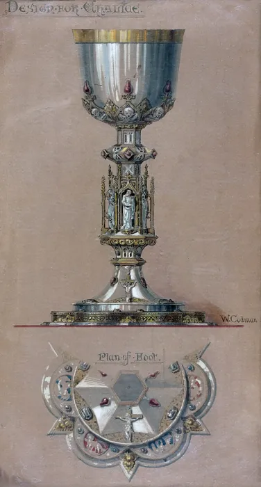 Framed Print : Gorham Silver. Design drawing for metalwork: 'Design for Chalice, Plan of Foot.' Gothic treasure / reliquary style, jeweled, with architecture, niche figures, crucifix Framed Print : Gorham Silver. Design drawing for metalwork: 'Design for Chalice, Plan of Foot.' Gothic treasure / reliquary style, jeweled, with architecture, niche figures, crucifix