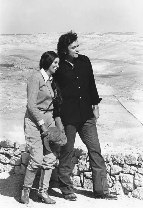 Framed Print : THE GOSPEL ROAD: A STORY OF JESUS, from left: June Carter Cash, Johnny Cash, on location in Israel, (aired March 31, 1973)