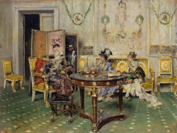 Framed Print : Gossip, by Giovanni Boldini, 1873, Italian, impressionistic painting, oil on wood Framed Print : Gossip, by Giovanni Boldini, 1873, Italian, impressionistic painting, oil on wood