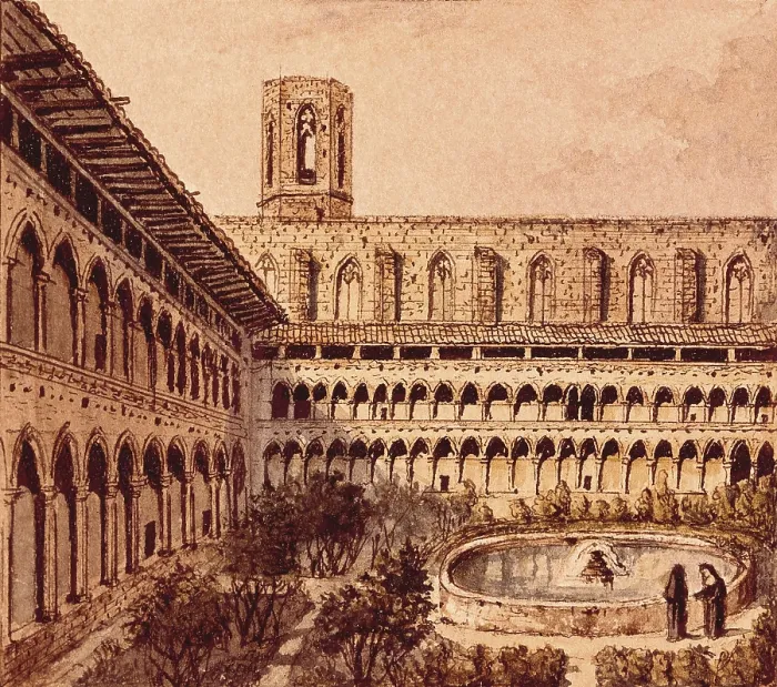 Framed Print : Gothic cloister of the Monastery of Pedralbes. Engraving. SPAIN. Barcelona. Barcelona City History Museum. AISA / Everett Collection**US SALES ONLY**
