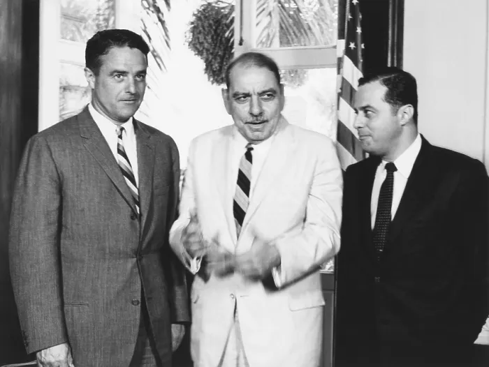 Framed Print : Gov. Luis Munoz Marin of Puerto Rico (center) discusses the Peace Corps with Sargent Shriver. July 11, 1961 Framed Print : Gov. Luis Munoz Marin of Puerto Rico (center) discusses the Peace Corps with Sargent Shriver. July 11, 1961