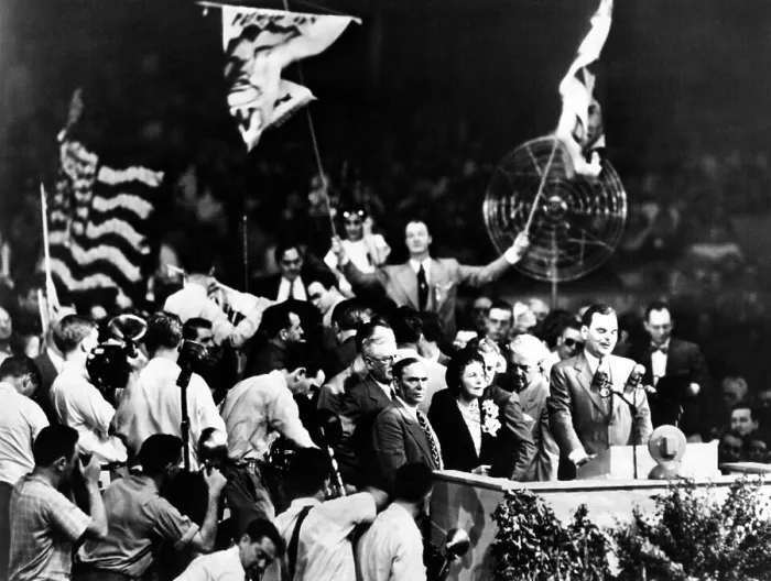 Framed Print : Gov. Thomas Dewey, the 1948 Republican Presidential Nominee. He is cheered by GOP convention delegates. Behind him stands Mrs