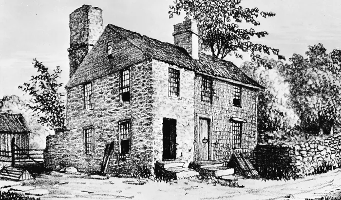 Framed Print : Governor Caleb Carr House. A house built by Rhode Island Governor Caleb Carr for his son. Conanicut Island, Jamestown, Rhode Island. 1686, drawing ca. 1882