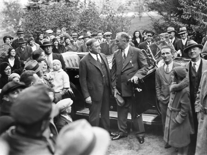 Framed Print : Governor Franklin Roosevelt and Boston Mayor James Curley appeared together on Oct. 30, 1932