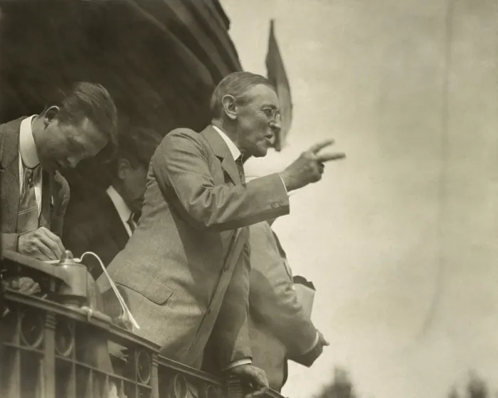 Framed Print : Governor Woodrow Wilson campaigning by train for president in Bradford, Ohio, 1912 (BSLOC_2017_8_96)