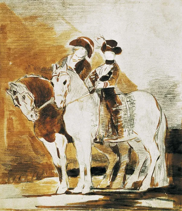 Framed Print : GOYA Y LUCIENTES, Francisco de (1746-1828). Double Equestrian Portrait. Sketch for the equestrian portrait of Carlos IV and Maria Luisa. Drawing. UNITED KINGDOM. London