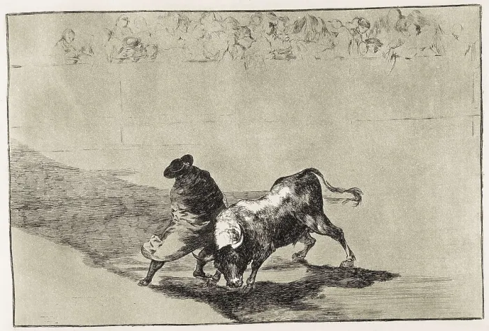 Framed Print : GOYA Y LUCIENTES, Francisco de (1746-1828). The very skilful student of Falces wrapped in his cape, tricks the bull with the play of his body. 1816 Framed Print : GOYA Y LUCIENTES, Francisco de (1746-1828). The very skilful student of Falces wrapped in his cape, tricks the bull with the play of his body. 1816
