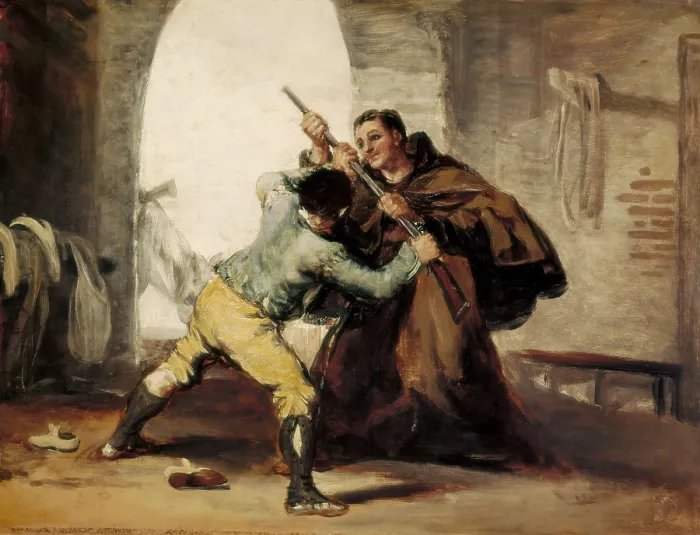 Framed Print : GOYA Y LUCIENTES, Francisco de (1746-1828). Friar Pedro Wrests the Gun from El Maragato. 1806-1807. Story told in six paintings. Oil on wood. UNITED STATES OF AMERICA. Chicago