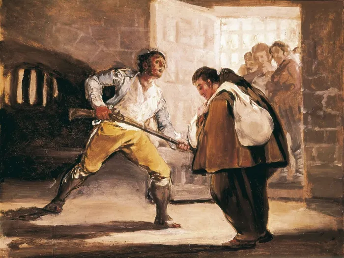 Framed Print : GOYA Y LUCIENTES, Francisco de (1746-1828). El Maragato Threatens Friar Pedro de Zaldivia with His Gun. 1806-1807. Story told in six paintings. Oil on wood
