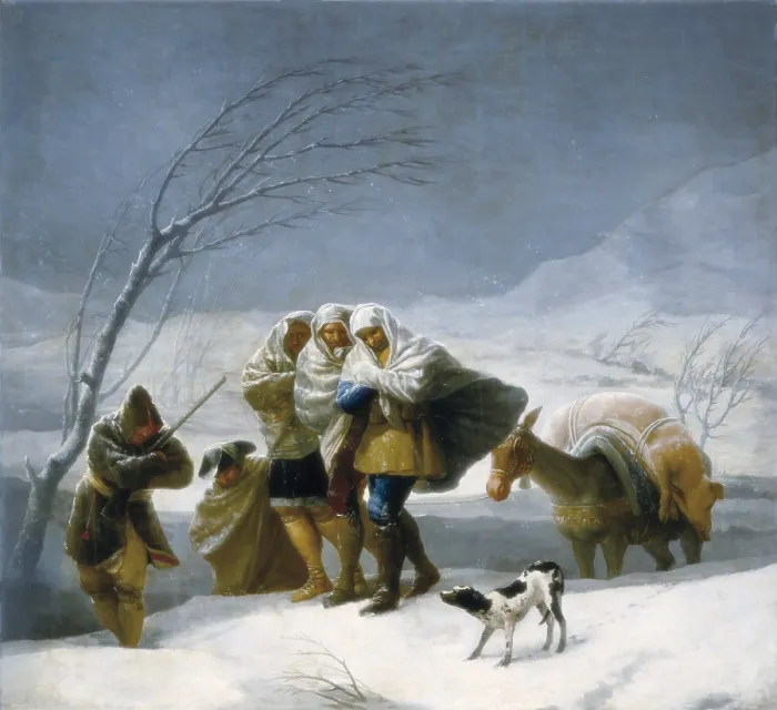 Framed Print : GOYA Y LUCIENTES, Francisco de (1746-1828). The snowfall. 1786. Painted for El Pardo, where the tapestry is preserved. Oil on canvas. SPAIN. Madrid. Prado Museum
