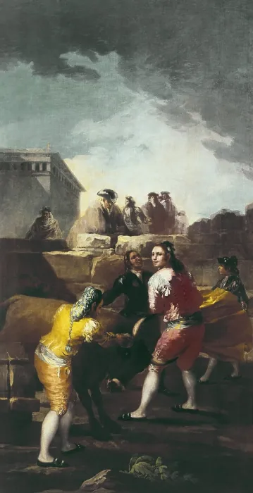 Framed Print : GOYA Y LUCIENTES, Francisco de (1746-1828). Fight with a Young Bull. 1780. Painted for the Princes Bedroom of El Pardo. Oil on canvas. SPAIN. Madrid. Prado Museum