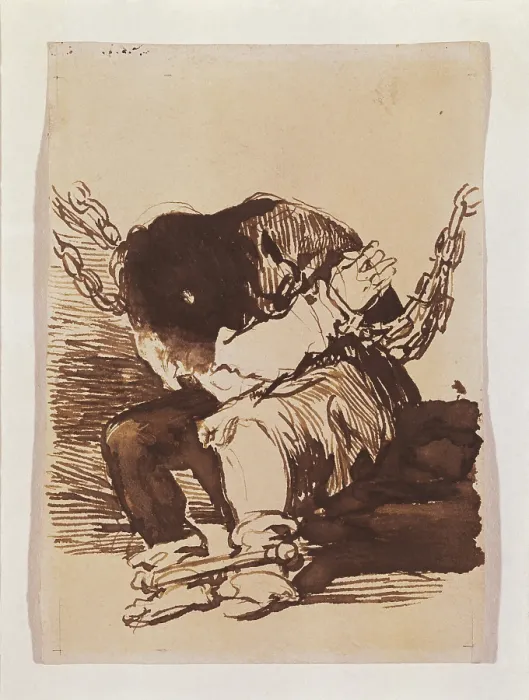 Framed Print : GOYA Y LUCIENTES, Francisco de (1746-1828). Chained Prisoner, seated. 1810 - 1820. Drawing for the etching 'Tan bArbara la seguridad como el delito'. Romanticism
