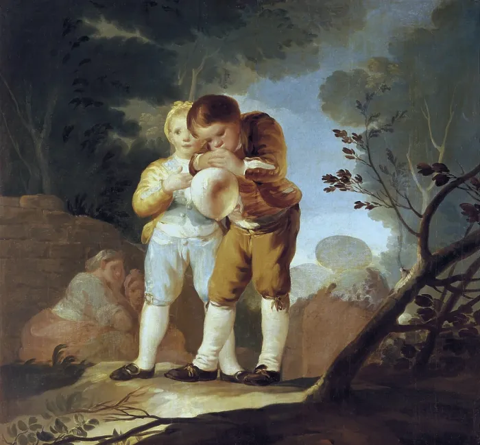 Framed Print : GOYA Y LUCIENTES, Francisco de (1746-1828). Boys Blowing up a Bladder. ca. 1778. Aimed for the door of the Dinning Room at El Pardo. Painted just before 1778. Oil on canvas