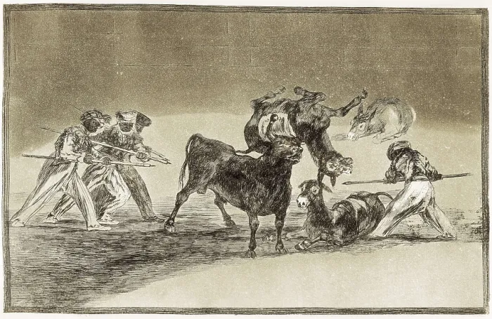 Framed Print : GOYA Y LUCIENTES, Francisco de (1746-1828). The Moors use donkeys as a barrier to defend themselves against the bull, whose horns have been tipped with balls. 1816