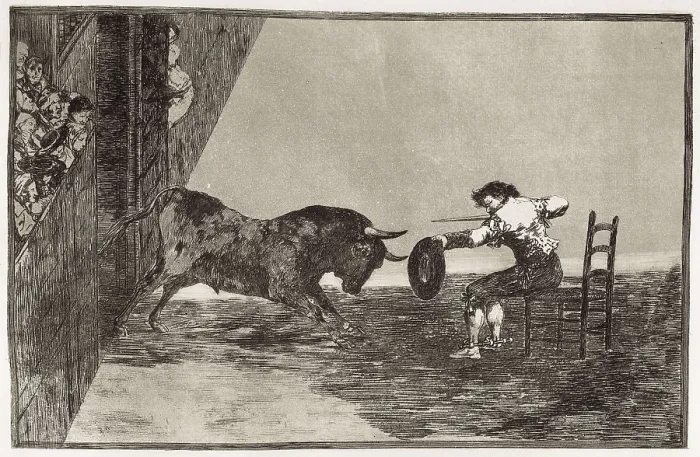 Framed Print : GOYA Y LUCIENTES, Francisco de (1746-1828). The daring of Martincho (probably Antonio Ebassum) in the ring at Saragossa. 1816. Plate 18 of 'The Art of Bullfighting' Framed Print : GOYA Y LUCIENTES, Francisco de (1746-1828). The daring of Martincho (probably Antonio Ebassum) in the ring at Saragossa. 1816. Plate 18 of 'The Art of Bullfighting'