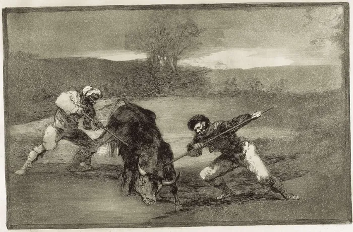 Framed Print : GOYA Y LUCIENTES, Francisco de (1746-1828). Another way of hunting on foot. 1816. Plate 2 of 'The Art of Bullfighting'. Etching. SPAIN. Madrid. National Library