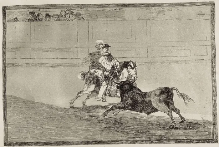 Framed Print : GOYA Y LUCIENTES, Francisco de (1746-1828). A Spanish mounted knight in the ring breaking short spears without the help of assistants. 1816. Etching. SPAIN. Madrid Framed Print : GOYA Y LUCIENTES, Francisco de (1746-1828). A Spanish mounted knight in the ring breaking short spears without the help of assistants. 1816. Etching. SPAIN. Madrid