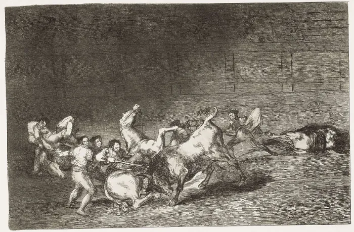 Framed Print : GOYA Y LUCIENTES, Francisco de (1746-1828). Two teams of picadors thrown one after the other by a single bull. 1816. Plate 32 of 'The Art of Bullfighting'. Engraving