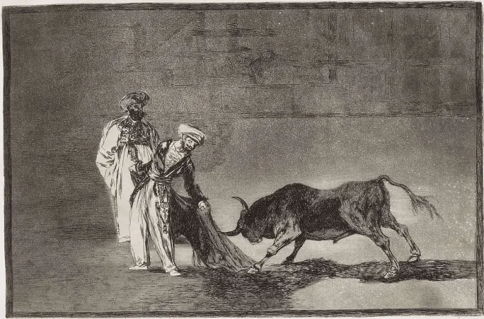 Framed Print : GOYA Y LUCIENTES, Francisco de (1746-1828). The Moors make a different play in the ring with their burnous. 1816. Plate 6 of 'The Art of Bullfighting'. Etching. SPAIN Framed Print : GOYA Y LUCIENTES, Francisco de (1746-1828). The Moors make a different play in the ring with their burnous. 1816. Plate 6 of 'The Art of Bullfighting'. Etching. SPAIN
