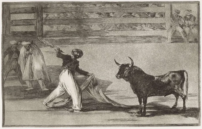 Framed Print : GOYA Y LUCIENTES, Francisco de (1746-1828). Origin of the harpoons or banderillas. 1816. Plate 7 of 'The Art of Bullfighting'. Engraving. SPAIN. Madrid