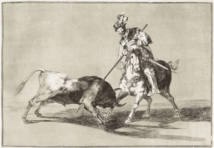 Framed Print : GOYA Y LUCIENTES, Francisco de (1746-1828). El Cid spearing another bull. 1816. Plate 11 of 'The Art of Bullfighting'. Etching. SPAIN. Madrid. National Library Framed Print : GOYA Y LUCIENTES, Francisco de (1746-1828). El Cid spearing another bull. 1816. Plate 11 of 'The Art of Bullfighting'. Etching. SPAIN. Madrid. National Library