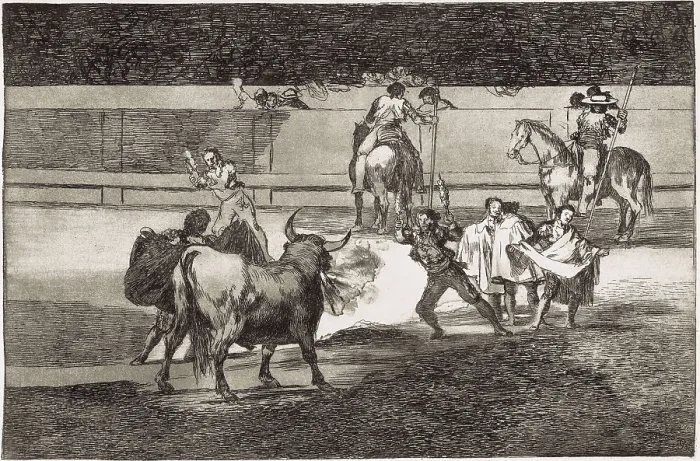 Framed Print : GOYA Y LUCIENTES, Francisco de (1746-1828). Banderillas with firecrackers. 1816. Plate 31 of 'The Art of Bullfighting'. Etching. SPAIN. Madrid. National Library Framed Print : GOYA Y LUCIENTES, Francisco de (1746-1828). Banderillas with firecrackers. 1816. Plate 31 of 'The Art of Bullfighting'. Etching. SPAIN. Madrid. National Library