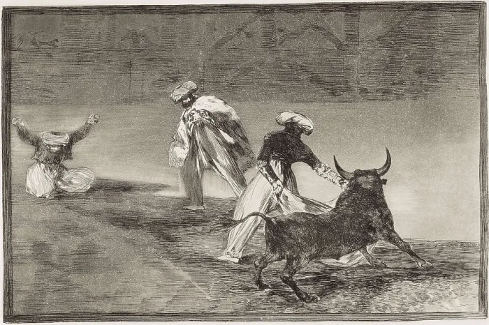 Framed Print : GOYA Y LUCIENTES, Francisco de (1746-1828). They (the Moors) play another bull with the cape in an enclosure. 1816. Plate 4 of 'The Art of Bullfighting'. Etching. SPAIN