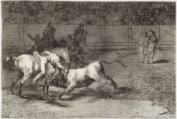 Framed Print : GOYA Y LUCIENTES, Francisco de (1746-1828). Mariano Ceballos, alias 'the Indian', kills the bull from his horse. 1816. Plate 23 of 'The Art of Bullfighting'