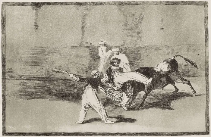 Framed Print : GOYA Y LUCIENTES, Francisco de (1746-1828). A Moor caught by the bull in the ring. 1815-1816. Plate 8 of 'The Art of Bullfighting'. Etching. SPAIN. Madrid Framed Print : GOYA Y LUCIENTES, Francisco de (1746-1828). A Moor caught by the bull in the ring. 1815-1816. Plate 8 of 'The Art of Bullfighting'. Etching. SPAIN. Madrid