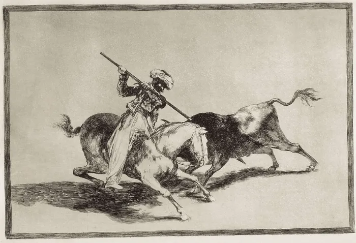 Framed Print : GOYA Y LUCIENTES, Francisco de (1746-1828). The valiant Moor Gazul is the first to spear bulls according to rules. 1816. Plate 5 of 'The Art of Bullfighting'. Etching Framed Print : GOYA Y LUCIENTES, Francisco de (1746-1828). The valiant Moor Gazul is the first to spear bulls according to rules. 1816. Plate 5 of 'The Art of Bullfighting'. Etching