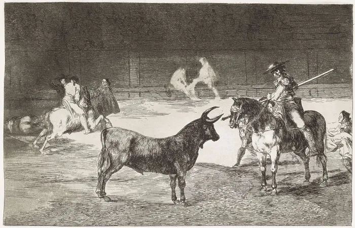 Framed Print : GOYA Y LUCIENTES, Francisco de (1746-1828). The celebrated picador Fernando del Toro draws the fierce beast on with his pike. 1816