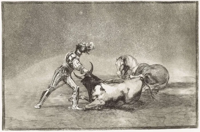 Framed Print : GOYA Y LUCIENTES, Francisco de (1746-1828). A Spanish knight kills the bull after having lost his horse. 1816. Plate 9 of 'The Art of Bullfighting'. Etching. SPAIN