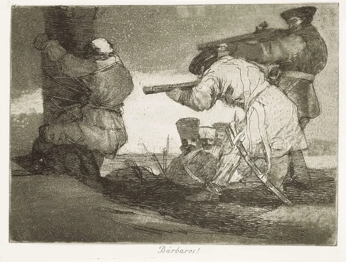 Framed Print : GOYA Y LUCIENTES, Francisco de (1746-1828). Barbarians!. 1810-1820. Plate 38 of 'The Disasters of War'. Etching. SPAIN. Madrid. National Library Framed Print : GOYA Y LUCIENTES, Francisco de (1746-1828). Barbarians!. 1810-1820. Plate 38 of 'The Disasters of War'. Etching. SPAIN. Madrid. National Library