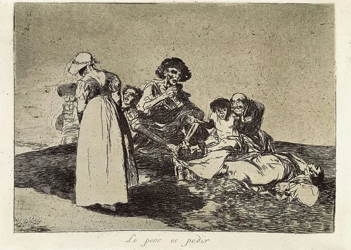 Framed Print : GOYA Y LUCIENTES, Francisco de (1746-1828). The worst is to beg. 1810-1820. Plate 55 of 'The Disasters of War'. Etching. SPAIN. Madrid. National Library Framed Print : GOYA Y LUCIENTES, Francisco de (1746-1828). The worst is to beg. 1810-1820. Plate 55 of 'The Disasters of War'. Etching. SPAIN. Madrid. National Library