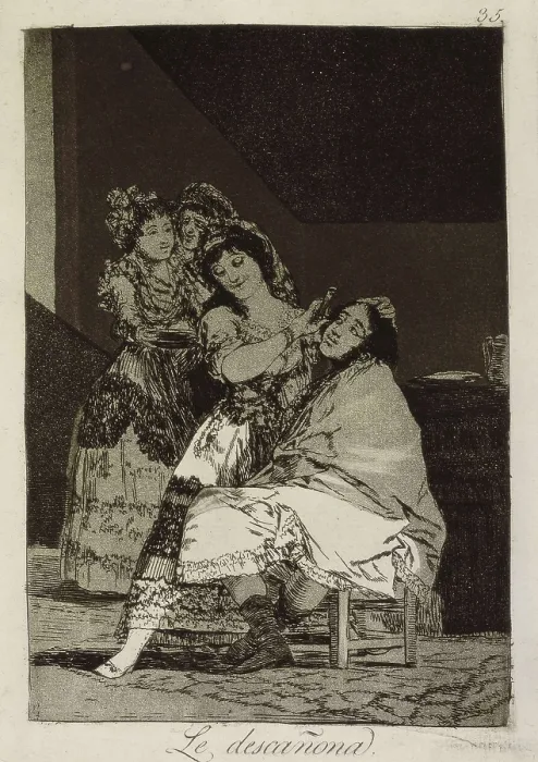 Framed Print : GOYA Y LUCIENTES, Francisco de (1746-1828). She fleeces him. 1799. Plate 35 of 'Los Caprichos', etching and burnished aquatint. Etching; Engraving. SPAIN. Madrid