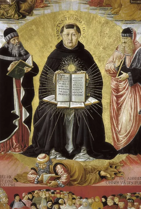 Framed Print : Gozzoli, Benozzo di Lese, called Benozzo (1420-1497). The Triumph of St. 1470-1475. Central detail. The Saint between Aristotle and Plato, and above the Arab philosopher Averroes