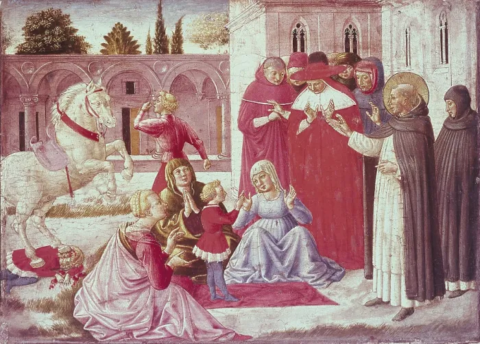 Framed Print : Gozzoli, Benozzo di Lese, called Benozzo (1420-1497). St Dominic Reuscitates Napoleone Orsini. 1461. Renaissance art. Quattrocento. Oil. ITALY. Milan. Pinacotheca of Brera