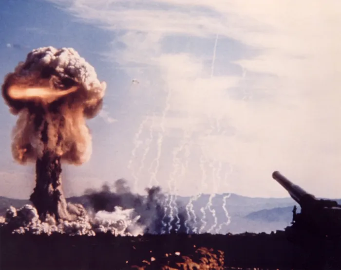 Framed Print : The GRABLE Shot used a 280mm artillery gun to fire a 15 kiloton nuclear shell. 12 officers were only 1, 830 meters, and another 590 soldiers were 3, 660 meters from ground zero