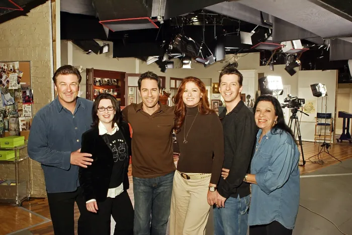 Framed Print : WILL & GRACE, Alec Baldwin, Megan Mullally, Eric McCormack, Debra Messing, Sean Hayes, Shelley Morrison, cast portrait for live episode: Alive & Schticking, (Season 8)