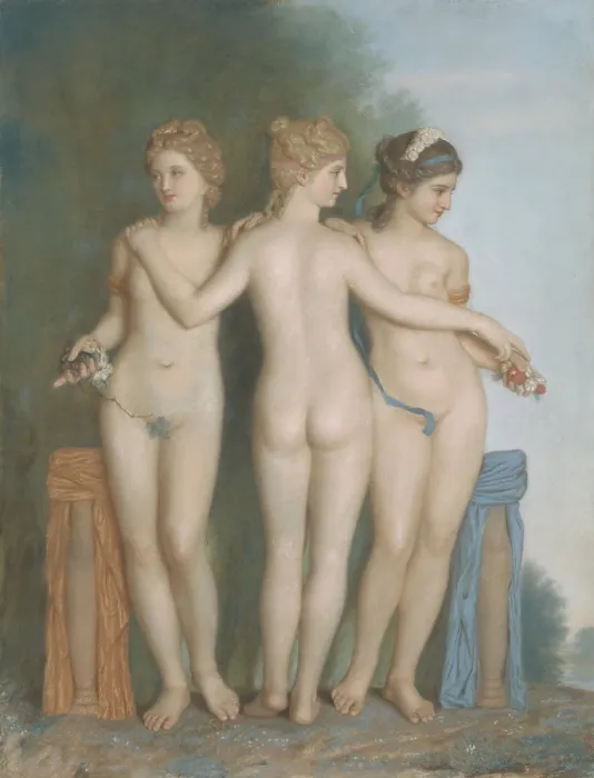 Framed Print : The Three Graces, by Jean-Etienne Liotard, 1737, Swiss painting, pastel on parchment. Three naked women standing, with flowers and fruits in their hands Framed Print : The Three Graces, by Jean-Etienne Liotard, 1737, Swiss painting, pastel on parchment. Three naked women standing, with flowers and fruits in their hands