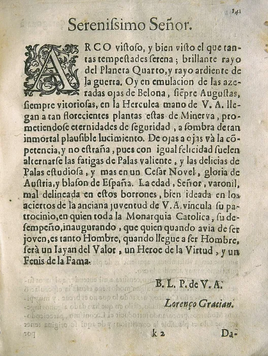 Framed Print : GRACIAN, Baltasar (1601-1658). 'El Criticn'(The Critick). Inside page with dedicacy by Gracian to Don Juan de Austria