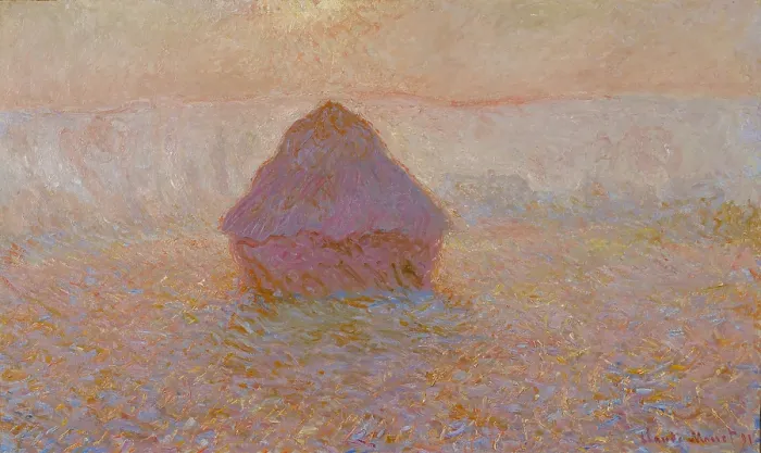 Framed Print : Grainstack, Sun in the Mist, 1891, by Claude Monet, 1840-1926, French Impressionist painting, oil on canvas