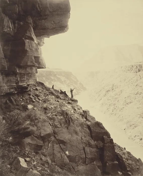 Framed Print : GRAND CANYON OF THE COLORADO RIVER, BY William Henry Jackson, 1883. The photo shows two men, one reclining while the other looks through a telescope