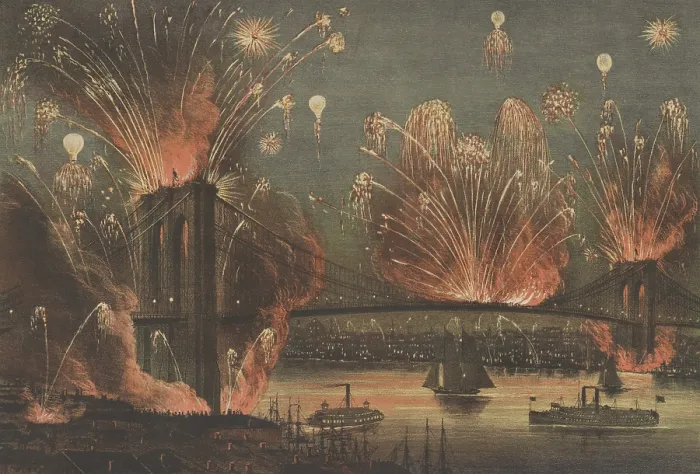 Framed Print : Grand display of fireworks over the Brooklyn Bridge on opening night, May 24, 1883 (BSLOC_2018_2_160)