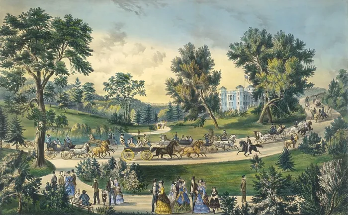Framed Print : The Grand Drive, Central Park, New York City, 1869. Frederick Law Olmsted designed six miles of picturesque roads to be shared by both equestrians and carriages Framed Print : The Grand Drive, Central Park, New York City, 1869. Frederick Law Olmsted designed six miles of picturesque roads to be shared by both equestrians and carriages