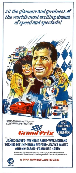 Framed Print : GRAND PRIX, top from left: Toshiro Mifune, Jessica Walter, James Garner, antonio Sabato, Francoise Hardy, bottom cheek to cheek: Yves Montand, Eva Marie Saint, 1966