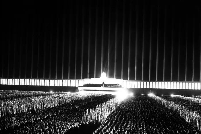Framed Print : Grand review on the searchlight-illuminated Zeppelin field at Nuremberg Rally. Sept. 1937