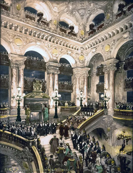 Framed Print : The grand staircase of the Paris Opera House as the notables enter with an honor guard its inauguration in 1875 Framed Print : The grand staircase of the Paris Opera House as the notables enter with an honor guard its inauguration in 1875