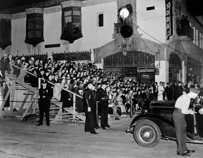 Framed Print : Grand stand built for Hollywood premiere of Lloyds of London'. It was built so movie fans could watch as their favorite stars arrived at the Carthay Circle Theatre. Nov
